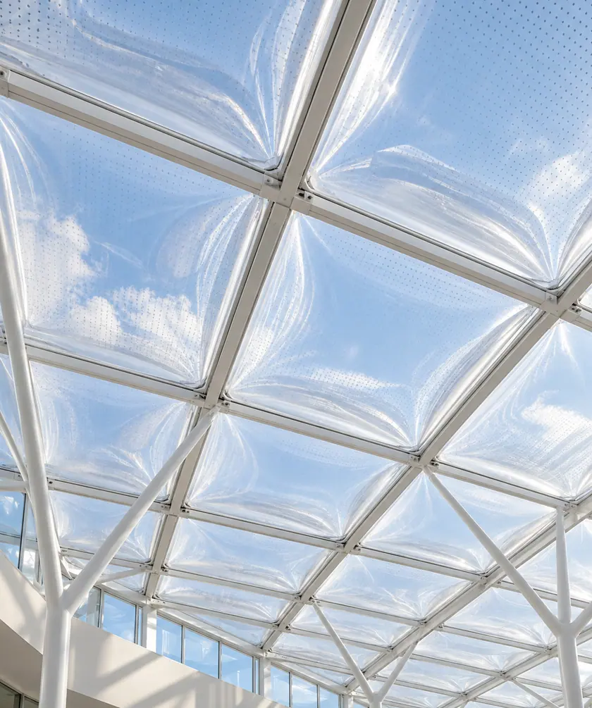 Visualización de cojines ETFE transparentes en una cubierta de atrio