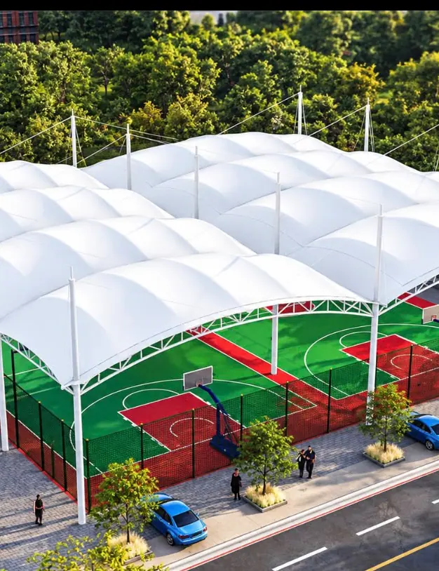 Cubiertas blancas sobre canchas deportivas