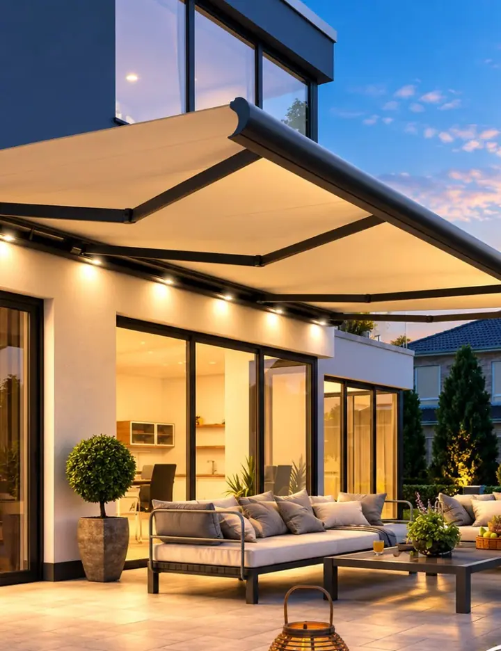 Toldo de terraza iluminada al atardecer